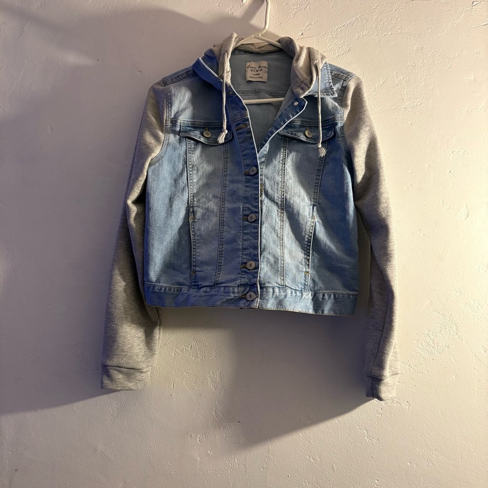 Love Tree Denim and Gray Hooded Jacket size large
